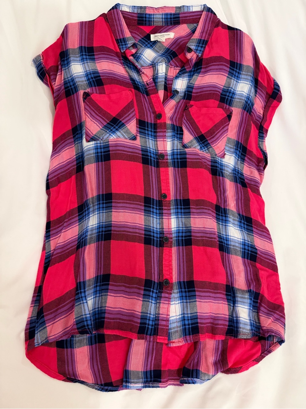 beachlunchlounge Pink and Blue Plaid Button-Up Cap Sleeve Top